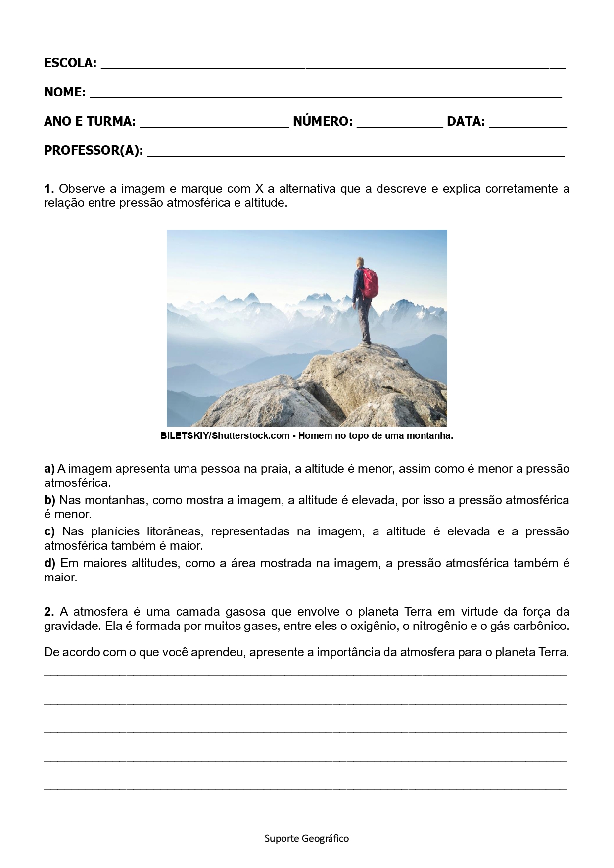 6º A no – prova sobre atmosfera, climogramas, tipos de climas, vegetação,  altitude e recursos hídricos